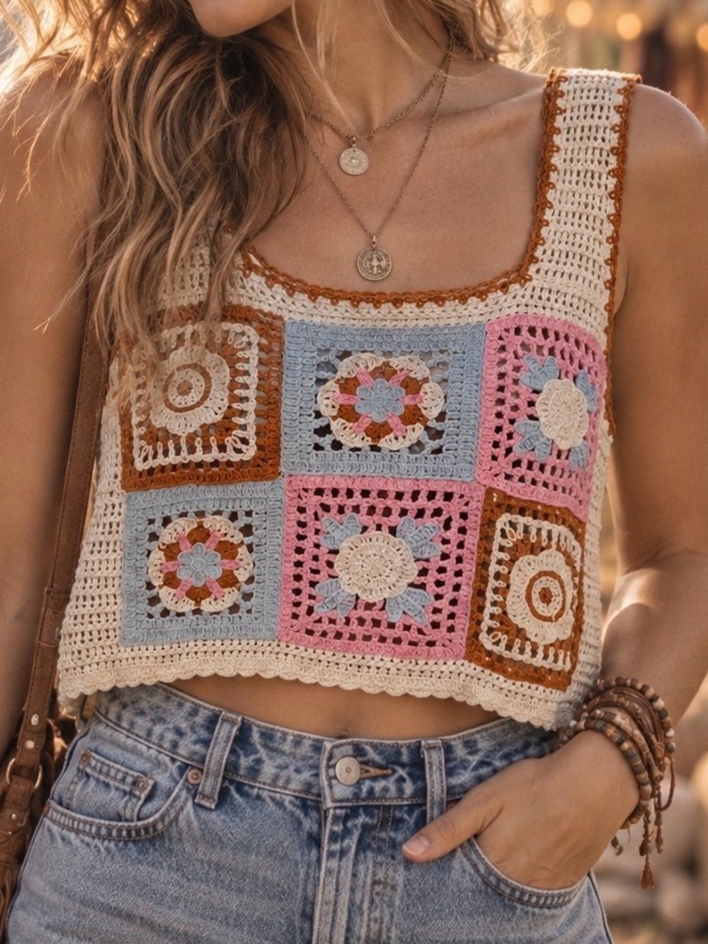 Sz M 100% Cotton Crochet Patchwork Granny Square Crop Top Hippie Boho Festival